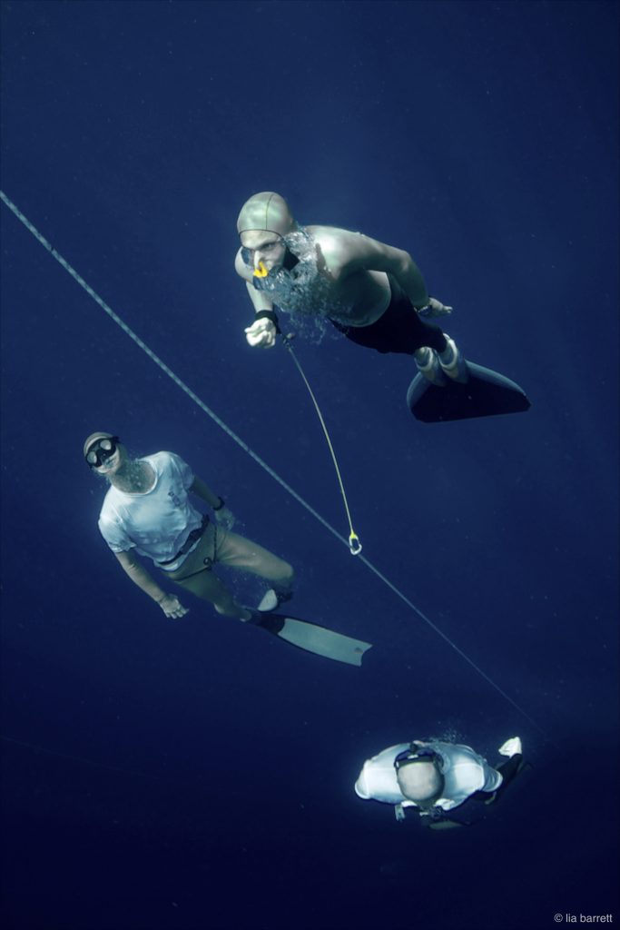 Nicholas Mevoli becoming the first American to freedive below 100 meters to set a national record during the Caribbean Cup off of Roatan, Honduras in May 2013.